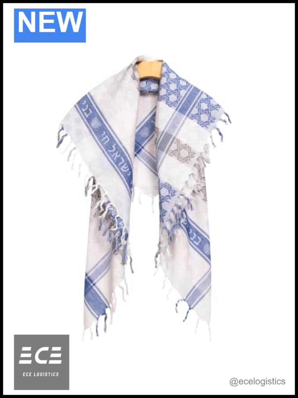 100% Cotton Jacquard Scarf 44x44 Fringed Hebrew Motif Square Wrap